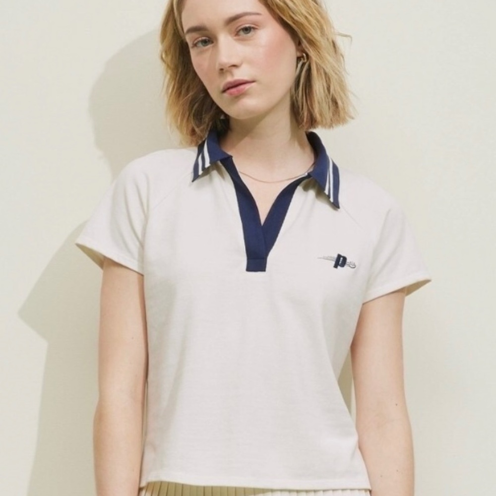 Prince Pickleball Women's Short Sleeve Polo Shirt - Cream And navy trim. Size XL